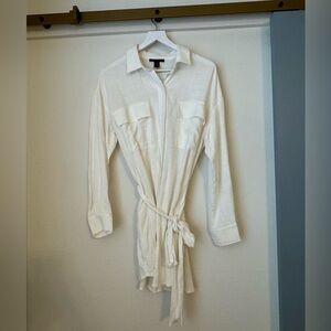 NWT White Button-Up Belted Shirt Mini Dress, White Cover-up Dress, Shirt Dress